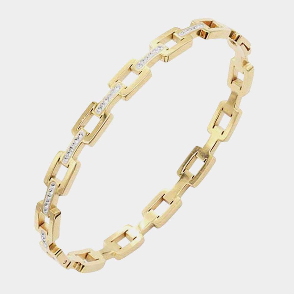 Rhinestone Embellished Open Rectangle Link Stainless Steel Bangle Evening Bracelet - Madeline Love - Flyclothing LLC