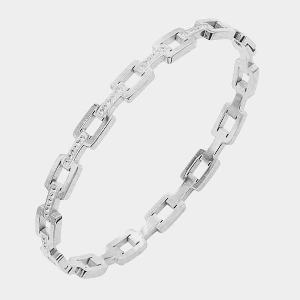 Rhinestone Embellished Open Rectangle Link Stainless Steel Bangle Evening Bracelet - Madeline Love - Flyclothing LLC