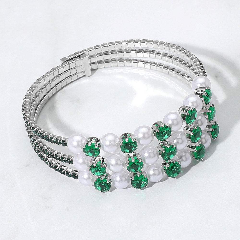 Pearl Stone Bezel Point Rhinestone Paved Split Adjustable Evening Bracelet - Madeline Love - Flyclothing LLC