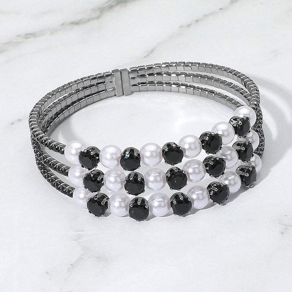Pearl Stone Bezel Point Rhinestone Paved Split Adjustable Evening Bracelet - Madeline Love - Flyclothing LLC