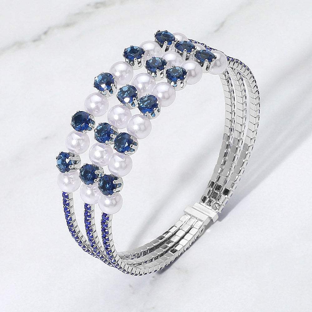 Pearl Stone Bezel Point Rhinestone Paved Split Adjustable Evening Bracelet - Madeline Love - Flyclothing LLC