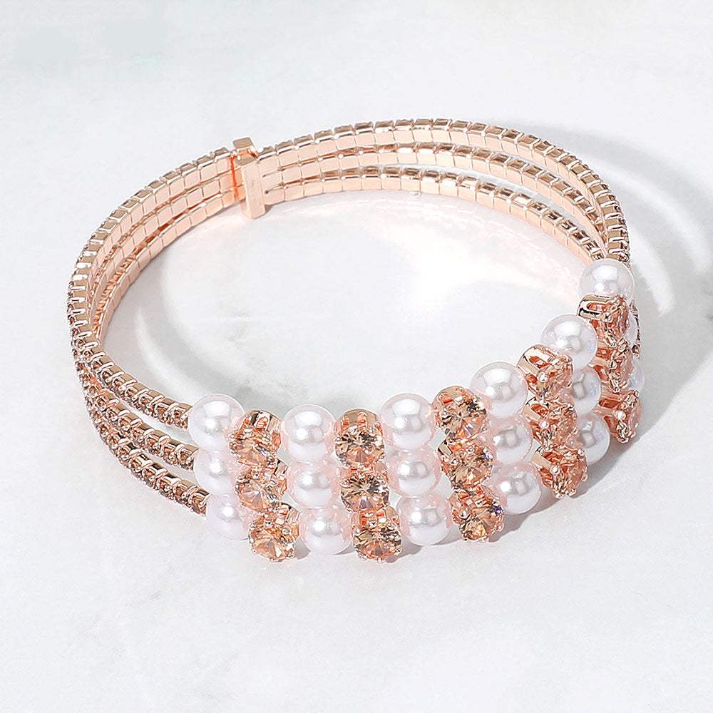 Pearl Stone Bezel Point Rhinestone Paved Split Adjustable Evening Bracelet - Madeline Love - Flyclothing LLC
