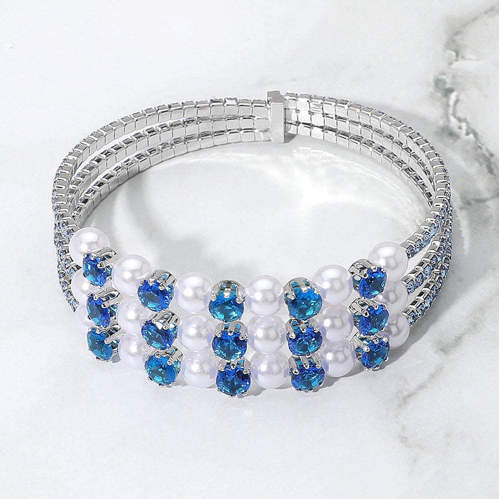 Pearl Stone Bezel Point Rhinestone Paved Split Adjustable Evening Bracelet - Madeline Love - Flyclothing LLC