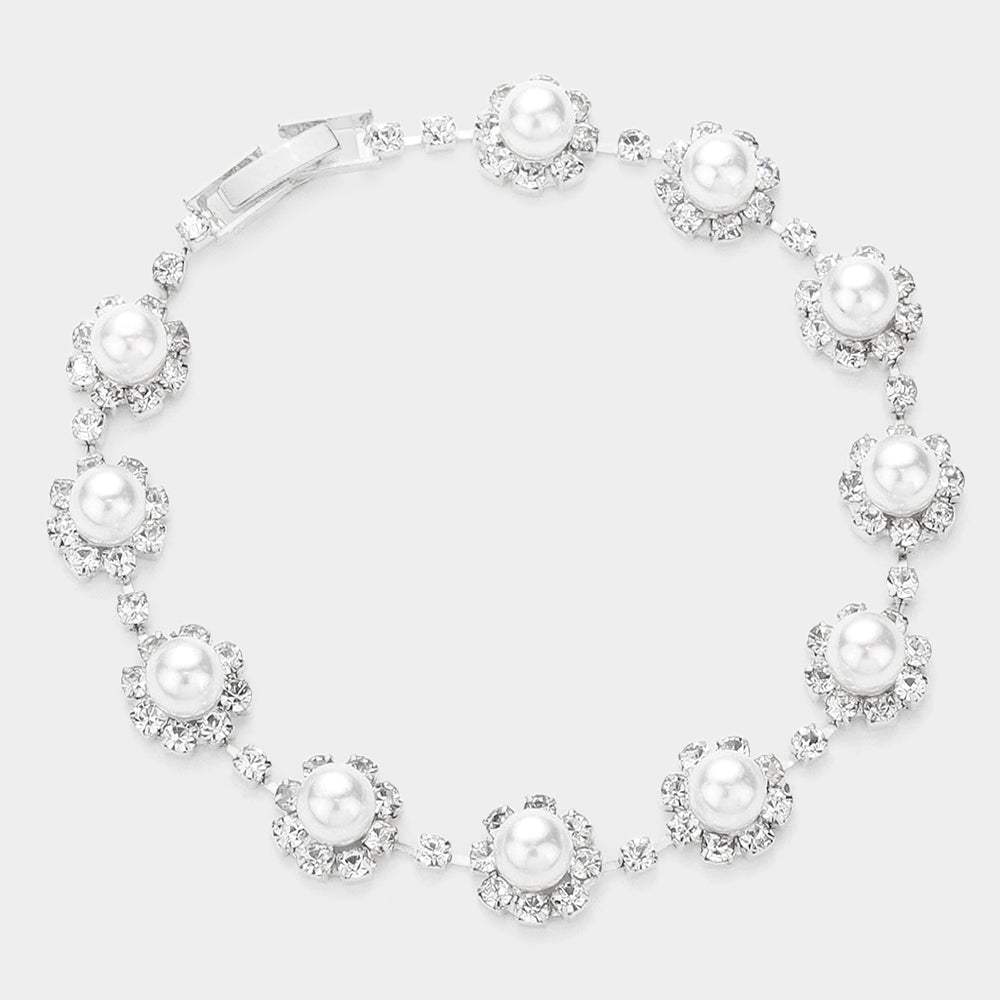 Round Crystal Rhinestone Pearl Rosette Evening Bracelet - Madeline Love - Flyclothing LLC