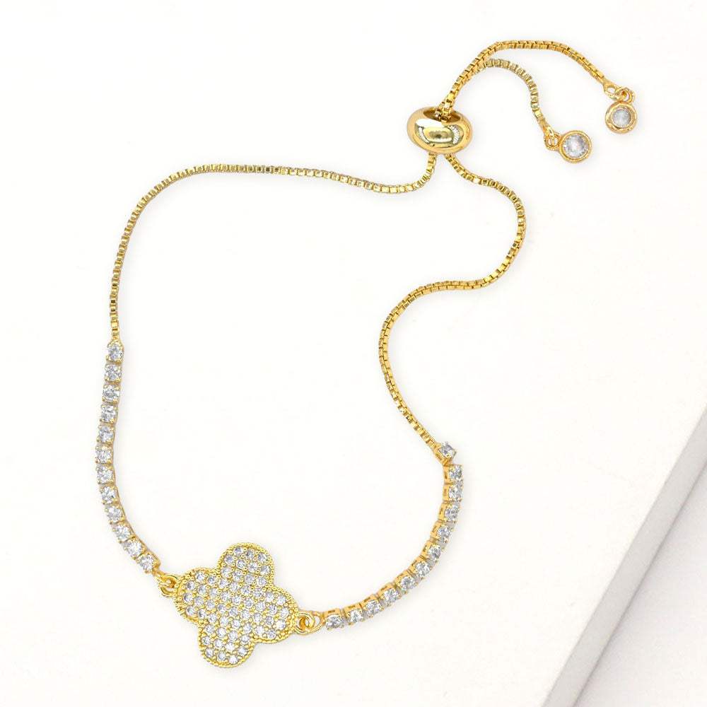 CZ Stone Paved Quatrefoil Accent Pull Tie Adjustable Bracelet - Madeline Love - Flyclothing LLC