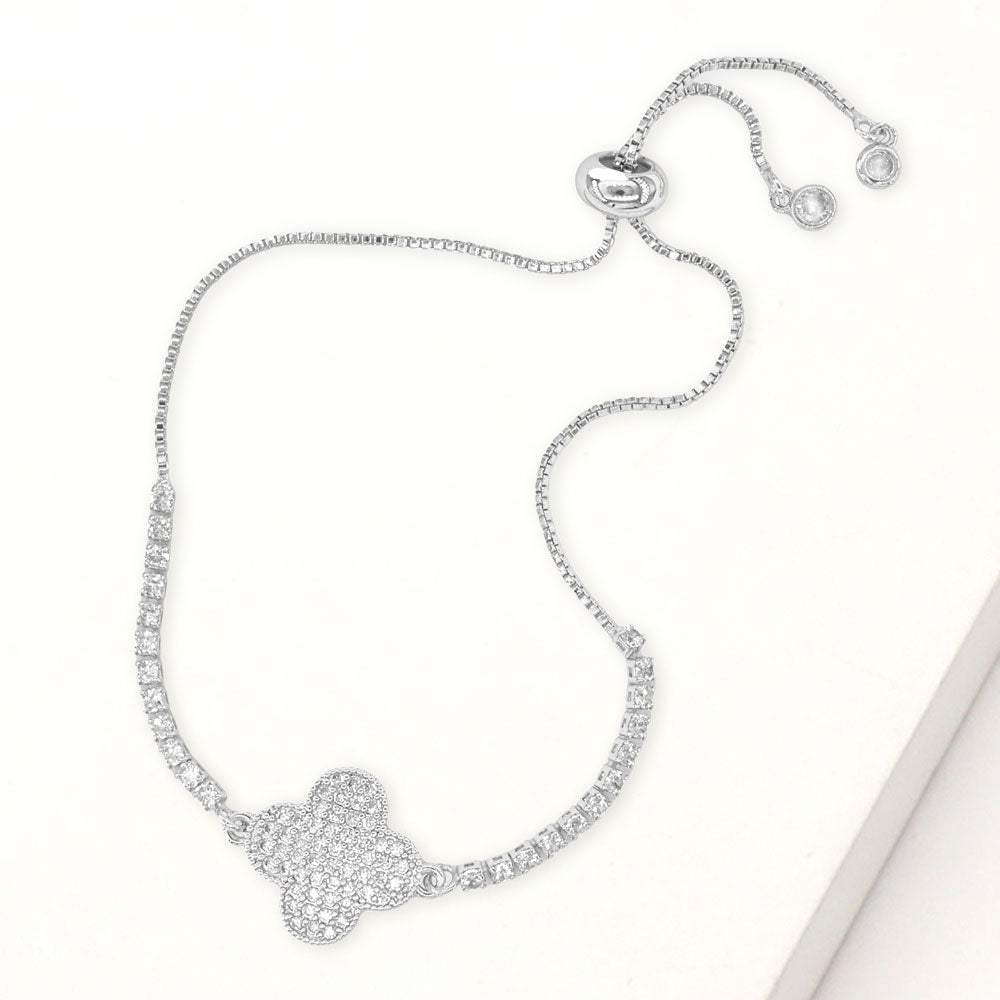 CZ Stone Paved Quatrefoil Accent Pull Tie Adjustable Bracelet - Madeline Love - Flyclothing LLC