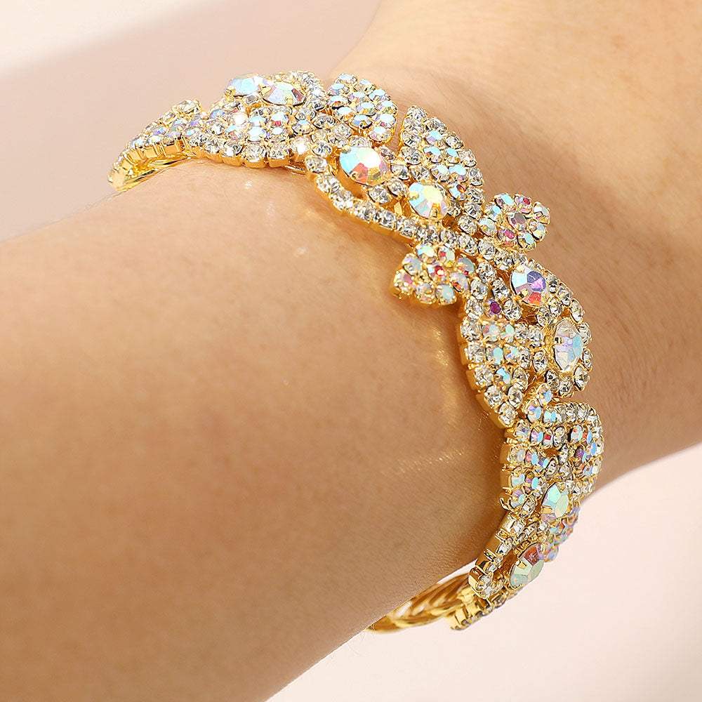 Rhinestone Paved Floral Leaf Adjustable Evening Bracelet - Madeline Love - Flyclothing LLC