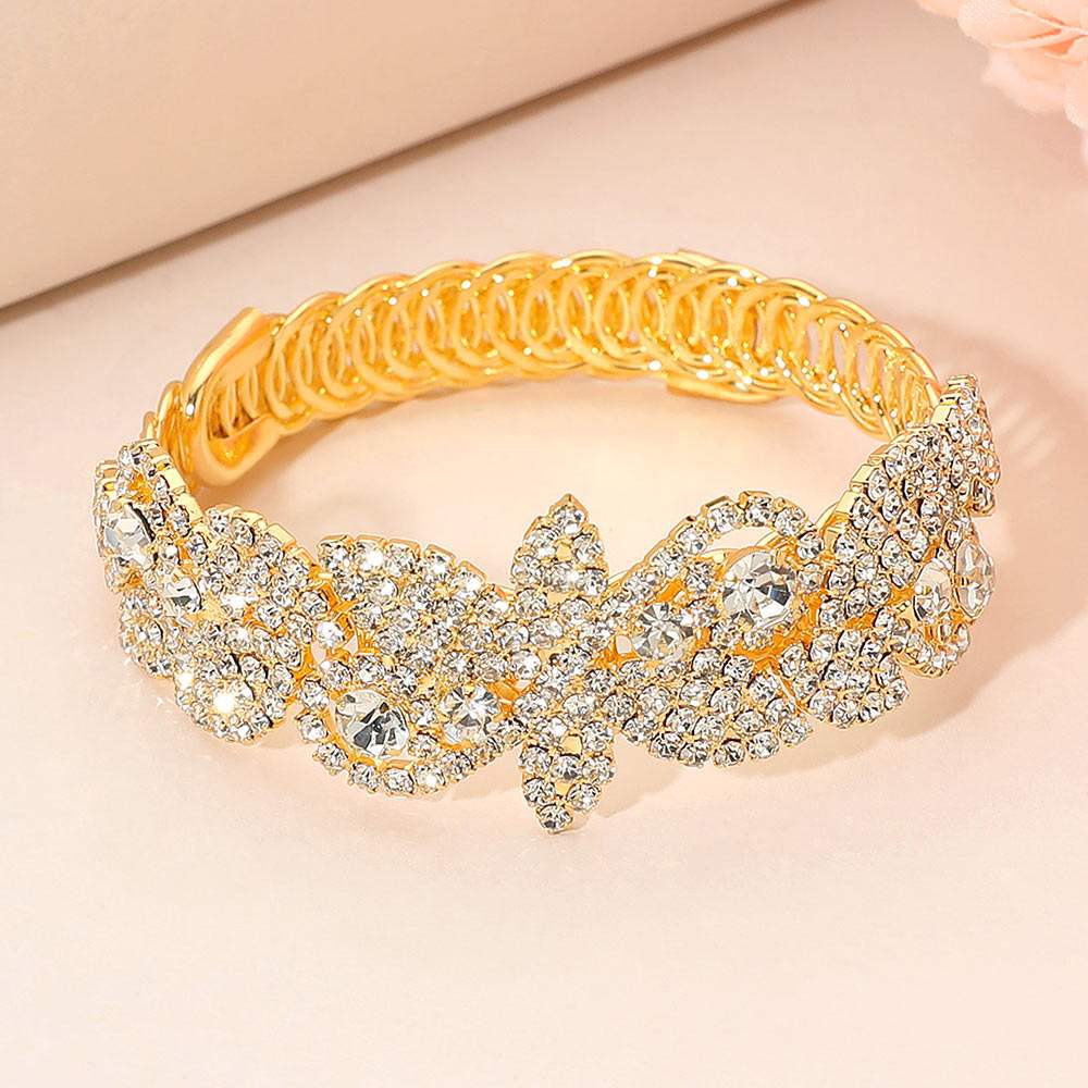 Rhinestone Paved Floral Leaf Adjustable Evening Bracelet - Madeline Love - Flyclothing LLC
