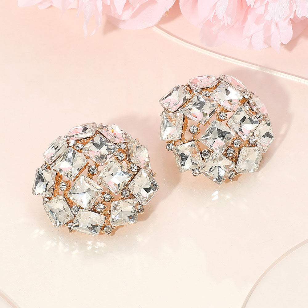 Square Stone Cluster Embellished Dome Evening Earrings - Madeline Love - Flyclothing LLC
