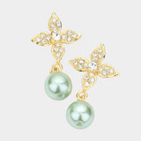 Elegant Floral Motif Crystal Pearl Drop Earrings - Madeline Love - Flyclothing LLC
