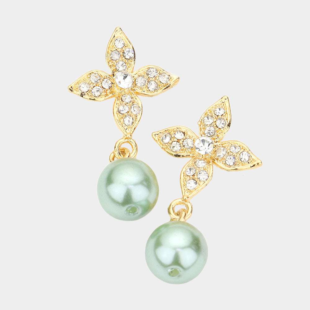 Elegant Floral Motif Crystal Pearl Drop Earrings - Madeline Love - Flyclothing LLC
