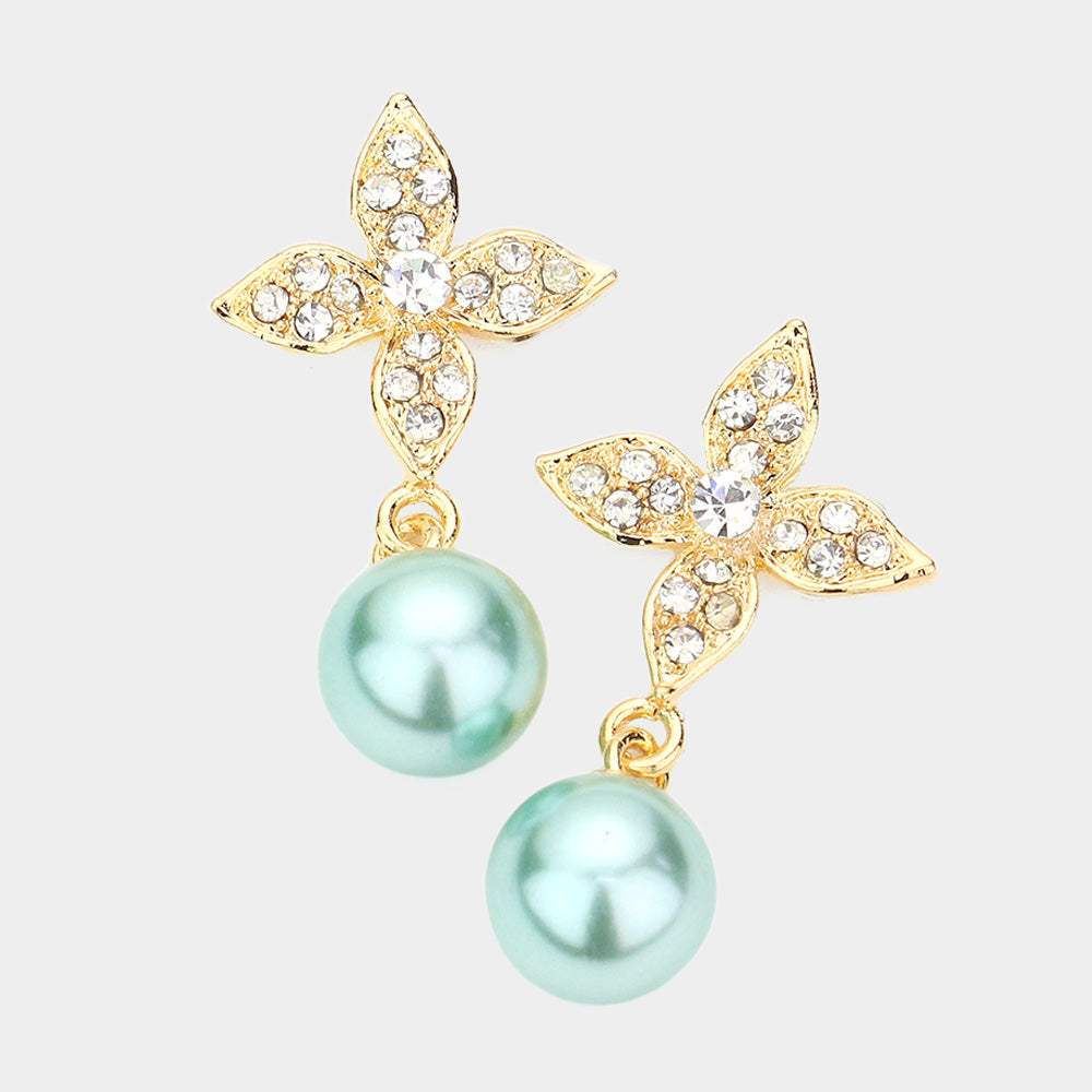 Elegant Floral Motif Crystal Pearl Drop Earrings - Madeline Love - Flyclothing LLC