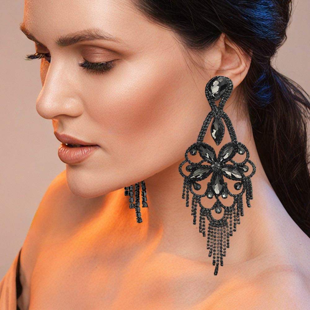 Marquise Stone Flower Accented Chandelier Evening Earrings - Madeline Love - Flyclothing LLC