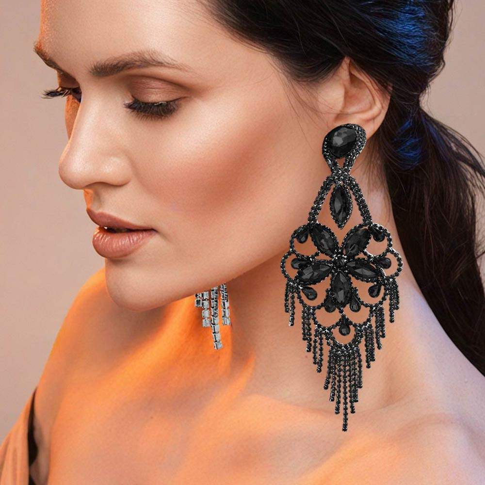 Marquise Stone Flower Accented Chandelier Evening Earrings - Madeline Love - Flyclothing LLC