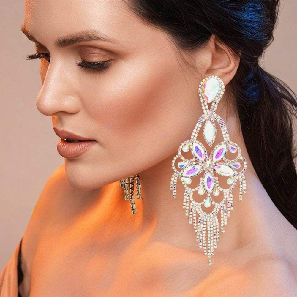 Marquise Stone Flower Accented Chandelier Evening Earrings - Madeline Love - Flyclothing LLC