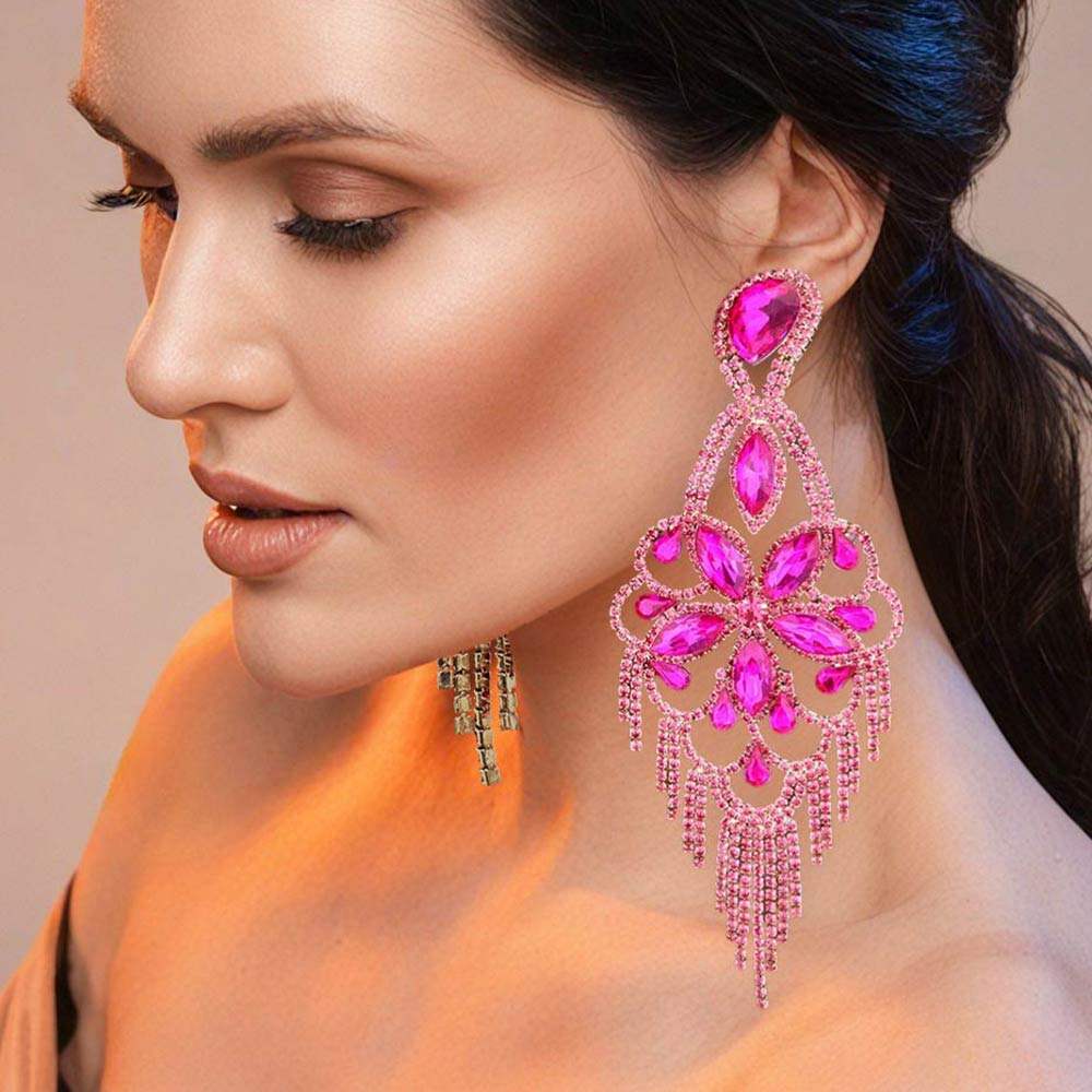 Marquise Stone Flower Accented Chandelier Evening Earrings - Madeline Love - Flyclothing LLC