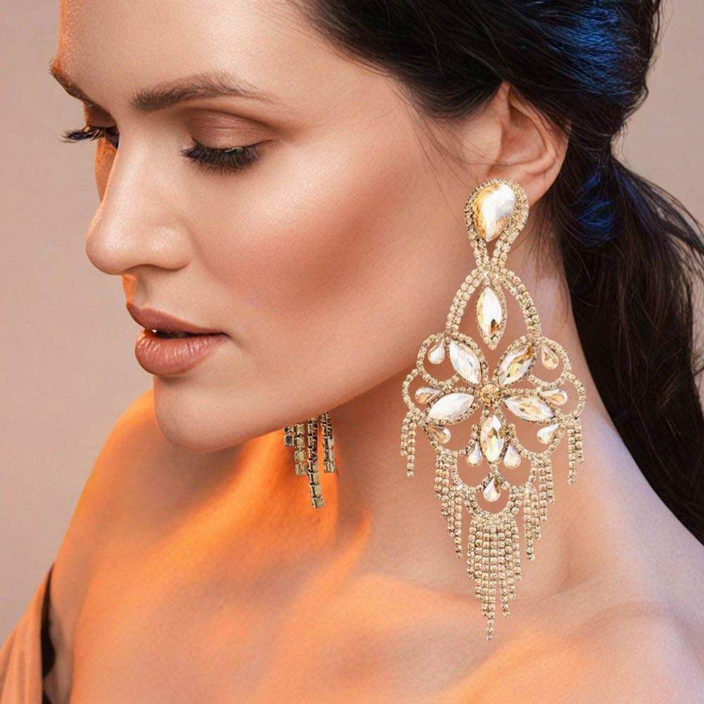Marquise Stone Flower Accented Chandelier Evening Earrings - Madeline Love - Flyclothing LLC