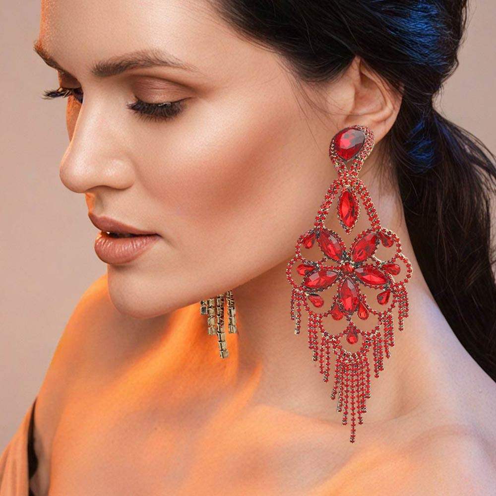 Marquise Stone Flower Accented Chandelier Evening Earrings - Madeline Love - Flyclothing LLC
