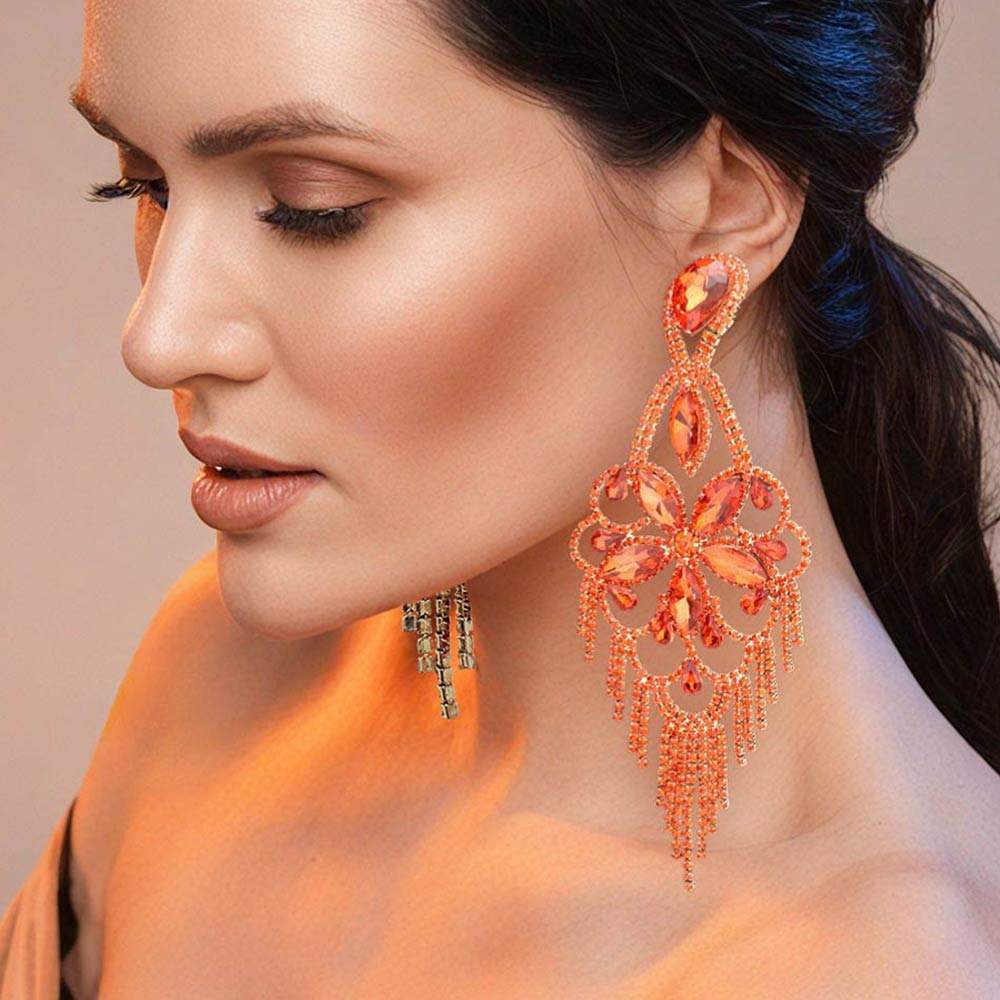 Marquise Stone Flower Accented Chandelier Evening Earrings - Madeline Love - Flyclothing LLC