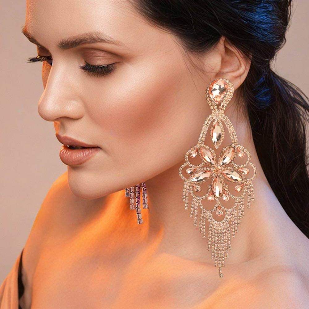 Marquise Stone Flower Accented Chandelier Evening Earrings - Madeline Love - Flyclothing LLC