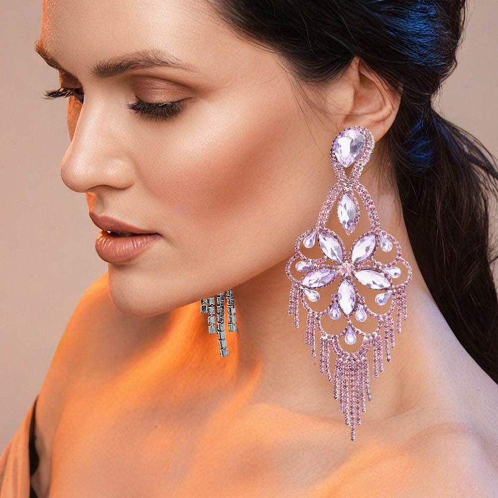 Marquise Stone Flower Accented Chandelier Evening Earrings - Madeline Love - Flyclothing LLC