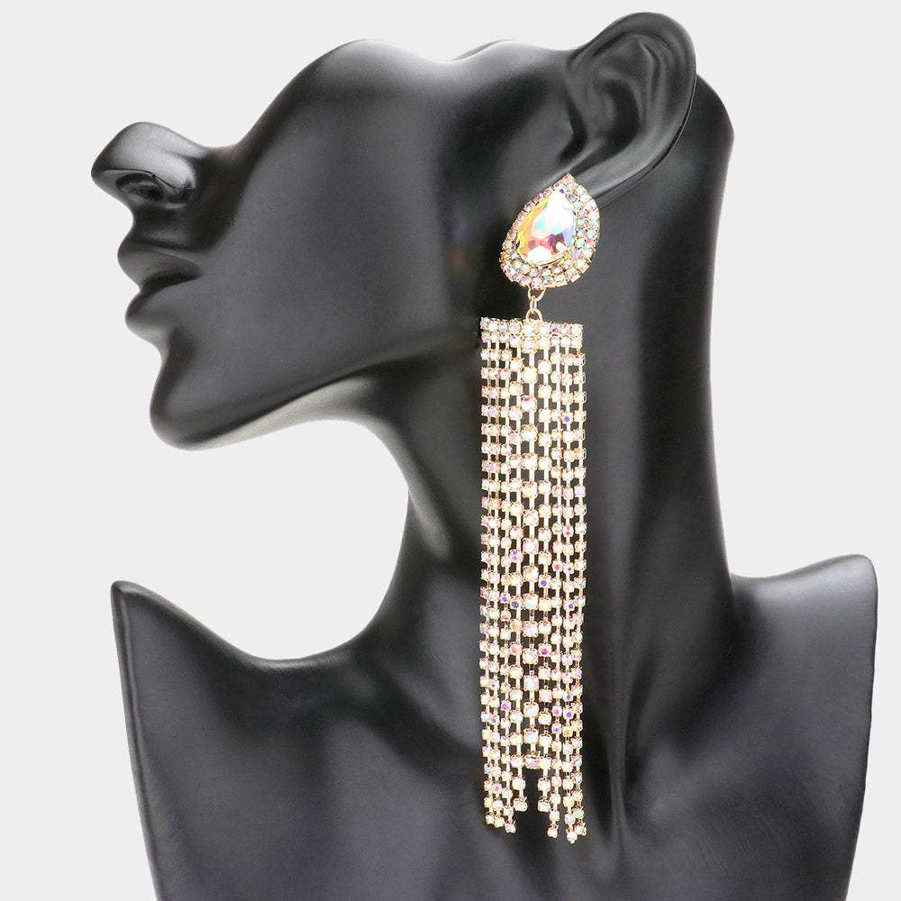 Teardrop Accented Rhinestone Fringe Dangle Evening Earrings - Madeline Love - Flyclothing LLC