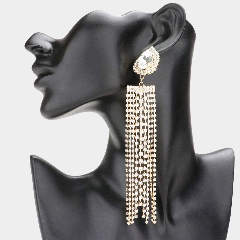 Teardrop Accented Rhinestone Fringe Dangle Evening Earrings - Madeline Love - Flyclothing LLC