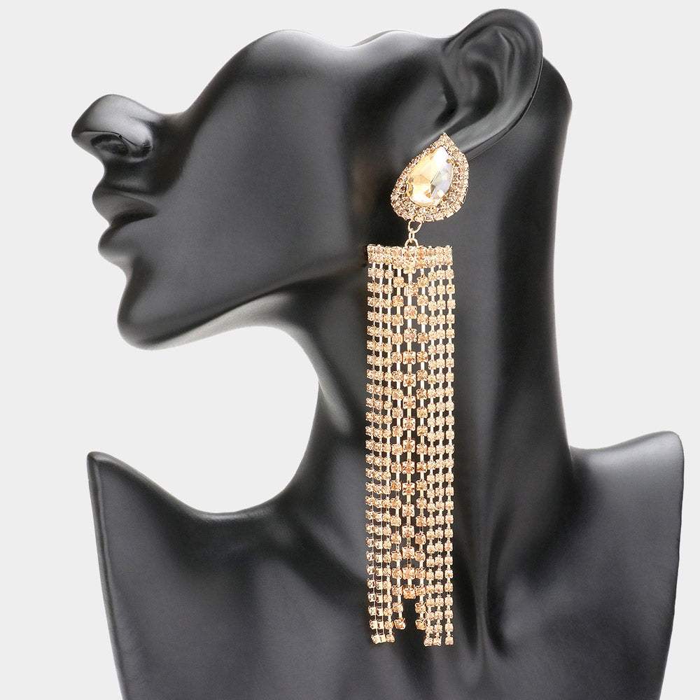 Teardrop Accented Rhinestone Fringe Dangle Evening Earrings - Madeline Love - Flyclothing LLC