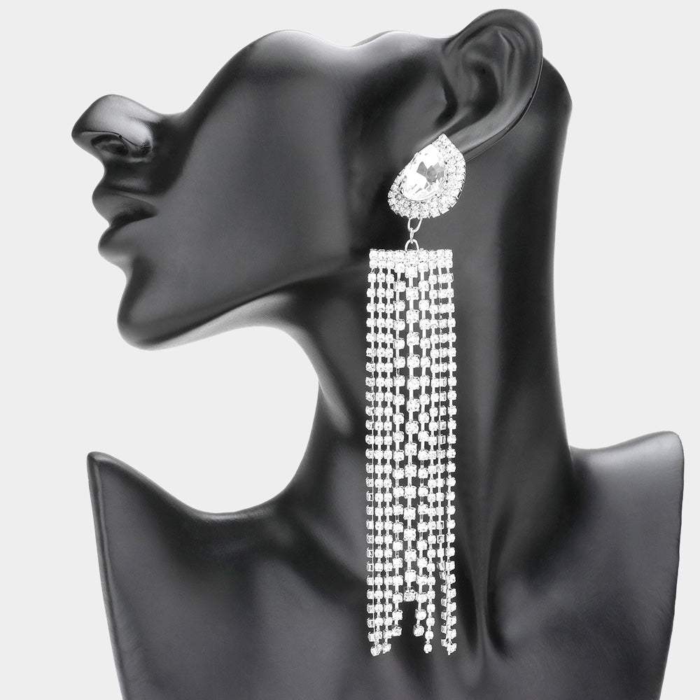 Teardrop Accented Rhinestone Fringe Dangle Evening Earrings - Madeline Love - Flyclothing LLC