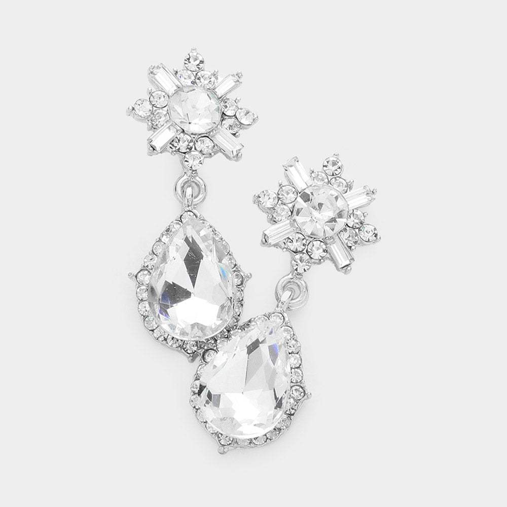 Teardrop Crystal Rhinestone Trim Dangle Evening Earrings - Madeline Love - Flyclothing LLC