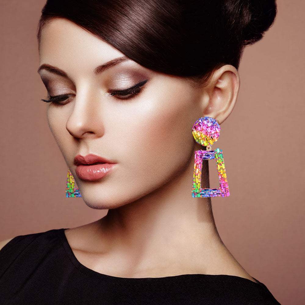 Stone Embellished Chunky Open Rectangle Dangle Evening Earrings - Madeline Love - Flyclothing LLC