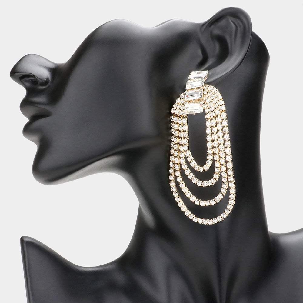 Rectangle Stone Accented Draped Rhinestone Dangle Evening Earrings - Madeline Love - Flyclothing LLC