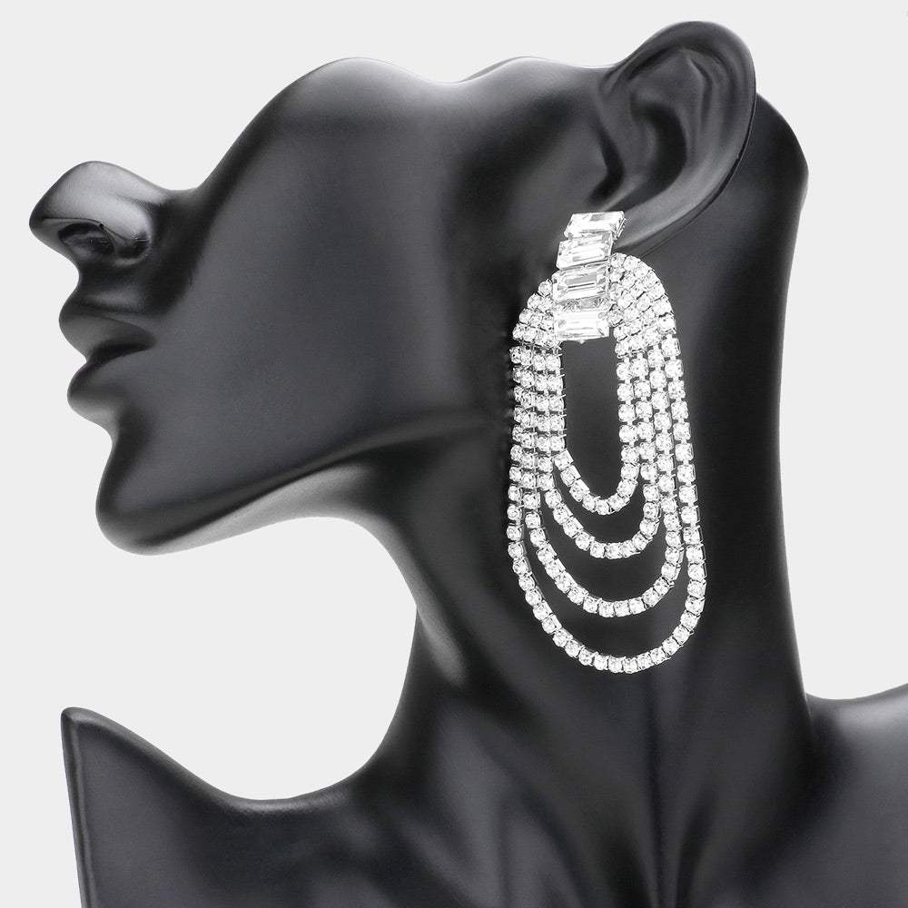 Rectangle Stone Accented Draped Rhinestone Dangle Evening Earrings - Madeline Love - Flyclothing LLC