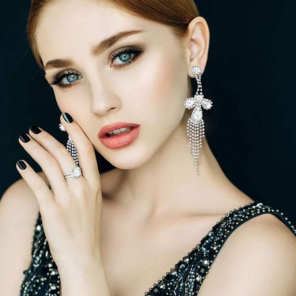 Crystal Rhinestone Fringe Evening Earrings - Madeline Love - Flyclothing LLC