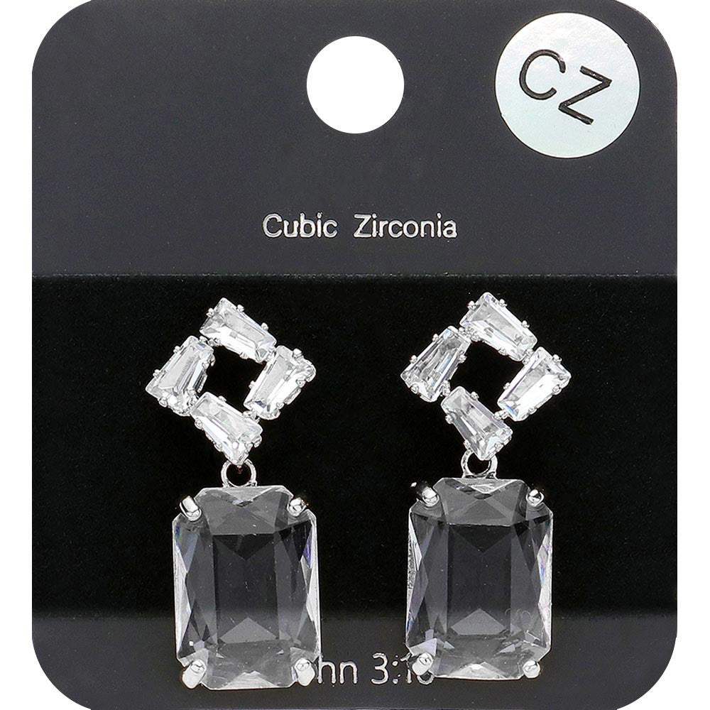 CZ Stone Pave Rectangle Glass Stone Dangle Evening Earrings - Madeline Love - Flyclothing LLC