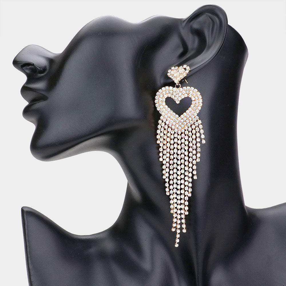 Rhinestone Pave Heart Fringe Evening Earrings - Madeline Love - Flyclothing LLC