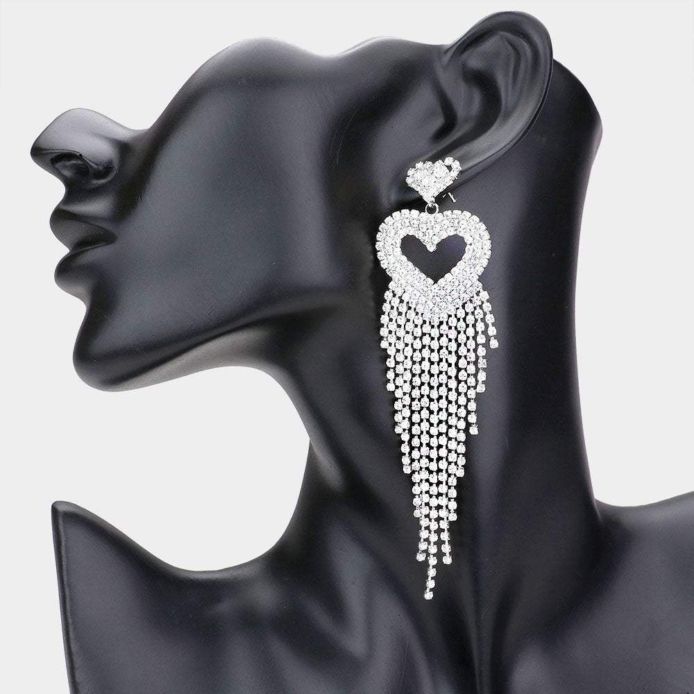 Rhinestone Pave Heart Fringe Evening Earrings - Madeline Love - Flyclothing LLC