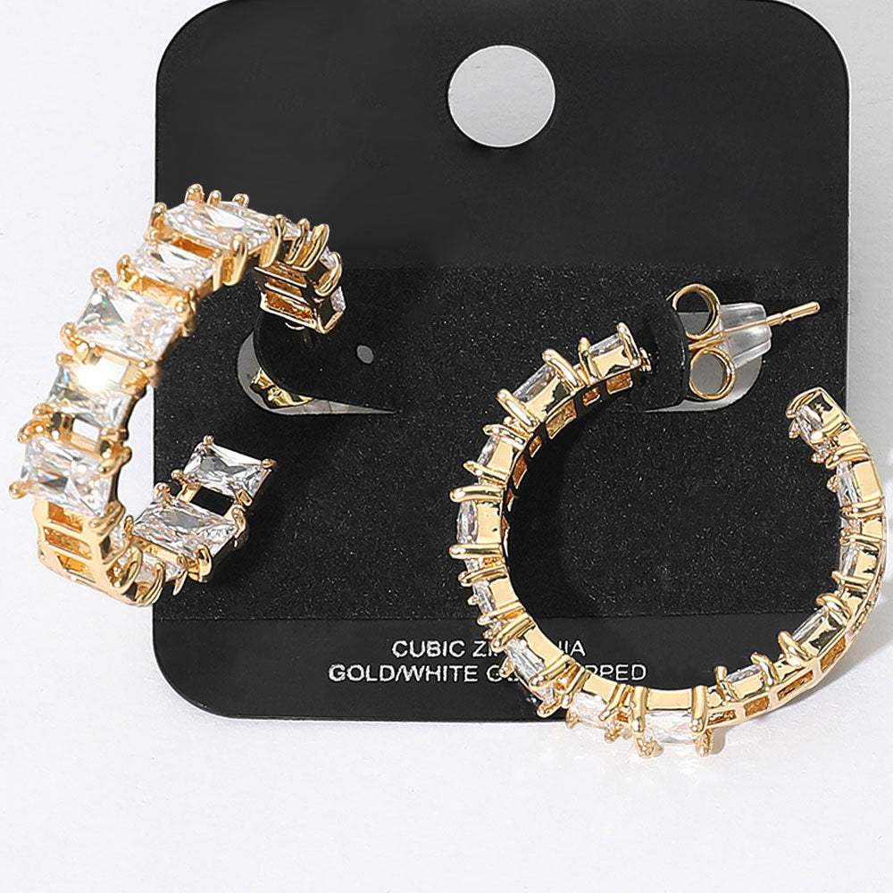 Gold Dipped Square CZ Stone Cluster Around Evening Hoop Earrings - Madeline Love - Flyclothing LLC