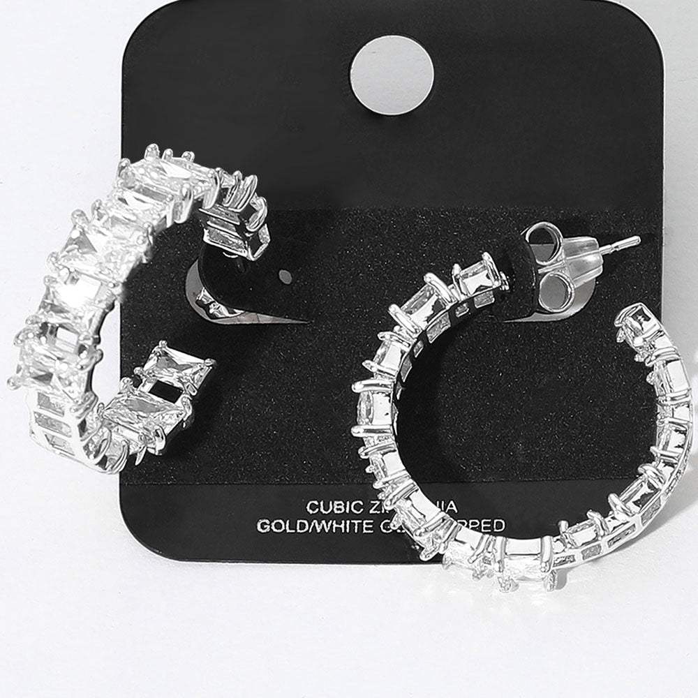 Gold Dipped Square CZ Stone Cluster Around Evening Hoop Earrings - Madeline Love - Flyclothing LLC