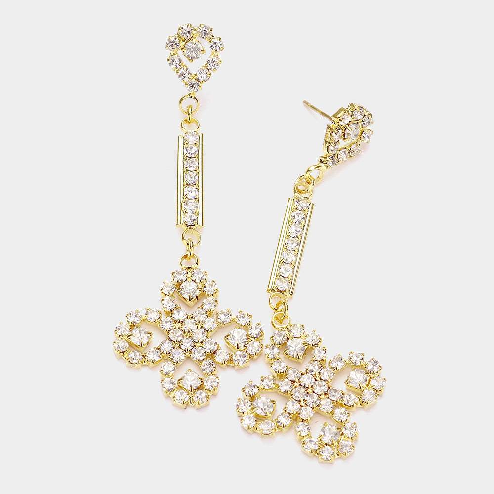 Rhinestone 4-Leaf Clover Dangle Evening Earrings - Madeline Love - Flyclothing LLC