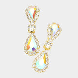 Double Teardrop Accented Rhinestone Trimmed Dangle Evening Earrings