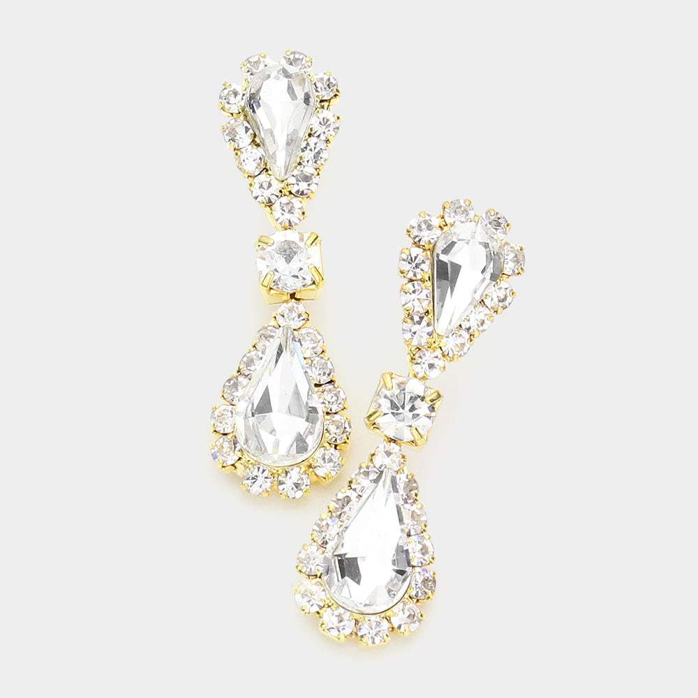 Double Teardrop Accented Rhinestone Trimmed Dangle Evening Earrings - Madeline Love - Flyclothing LLC