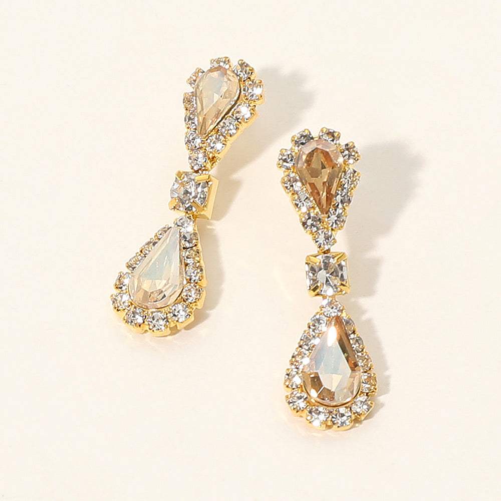 Double Teardrop Accented Rhinestone Trimmed Dangle Evening Earrings - Madeline Love - Flyclothing LLC