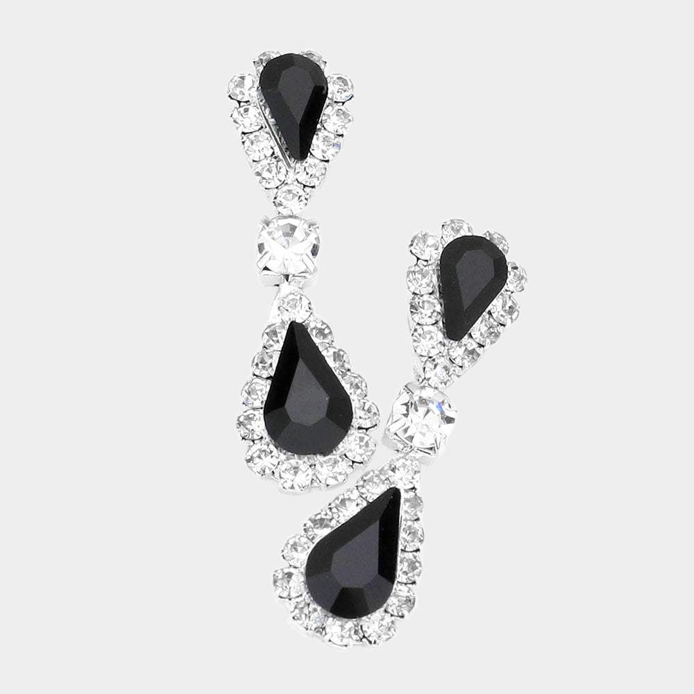 Double Teardrop Accented Rhinestone Trimmed Dangle Evening Earrings - Madeline Love - Flyclothing LLC
