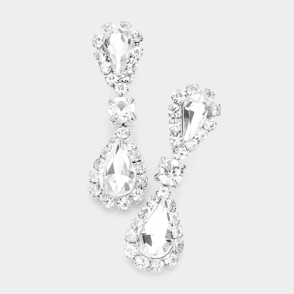 Double Teardrop Accented Rhinestone Trimmed Dangle Evening Earrings - Madeline Love - Flyclothing LLC
