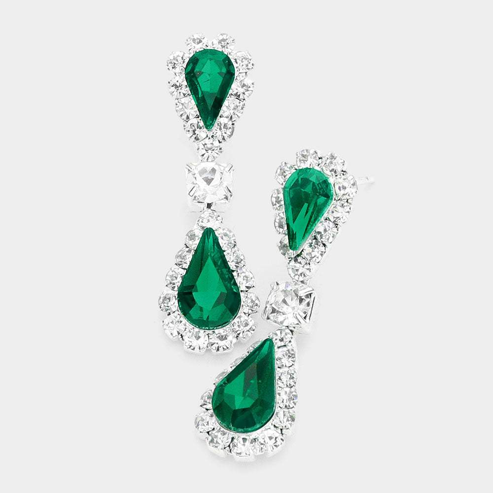 Double Teardrop Accented Rhinestone Trimmed Dangle Evening Earrings - Madeline Love - Flyclothing LLC