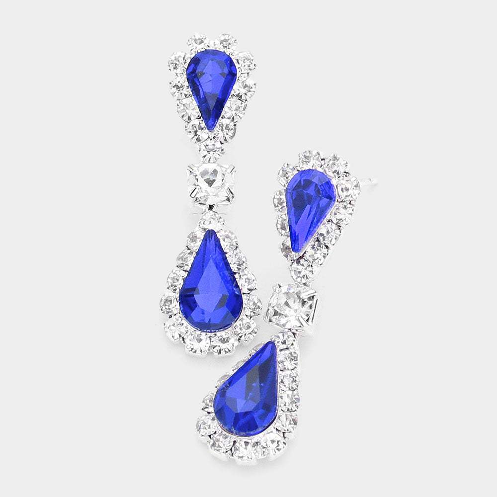 Double Teardrop Accented Rhinestone Trimmed Dangle Evening Earrings - Madeline Love - Flyclothing LLC