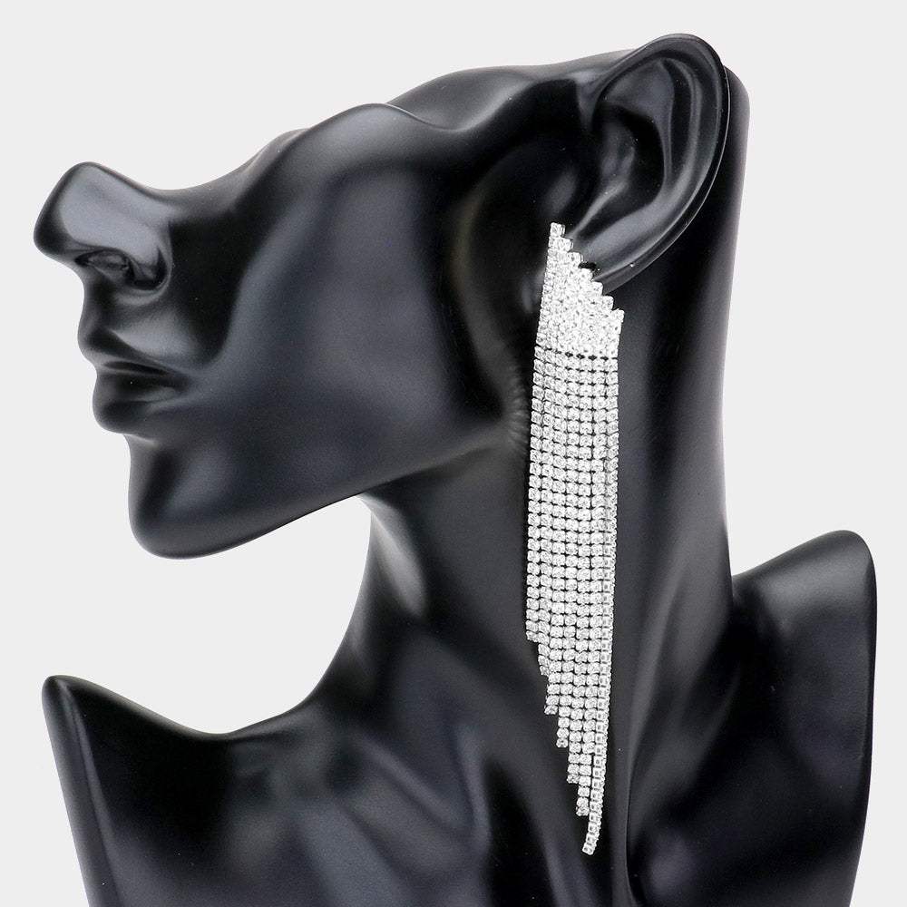 Rhinestone Fringe Long Drop Evening Earrings - Madeline Love - Flyclothing LLC