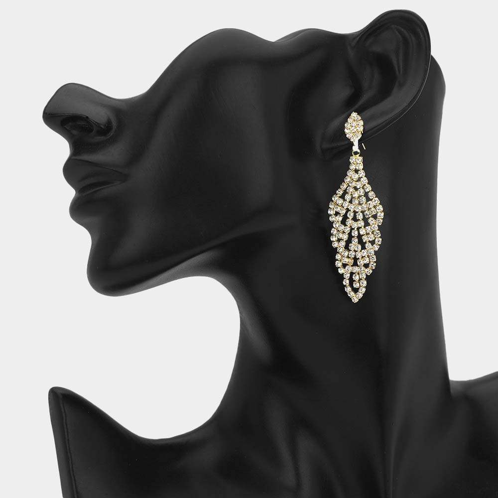 Rhinestone Pave Leaf Drop Evening Earrings - Madeline Love - Flyclothing LLC
