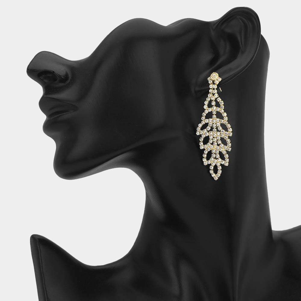Rhinestone Pave Leaf Pattern Drop Evening Earrings - Madeline Love - Flyclothing LLC